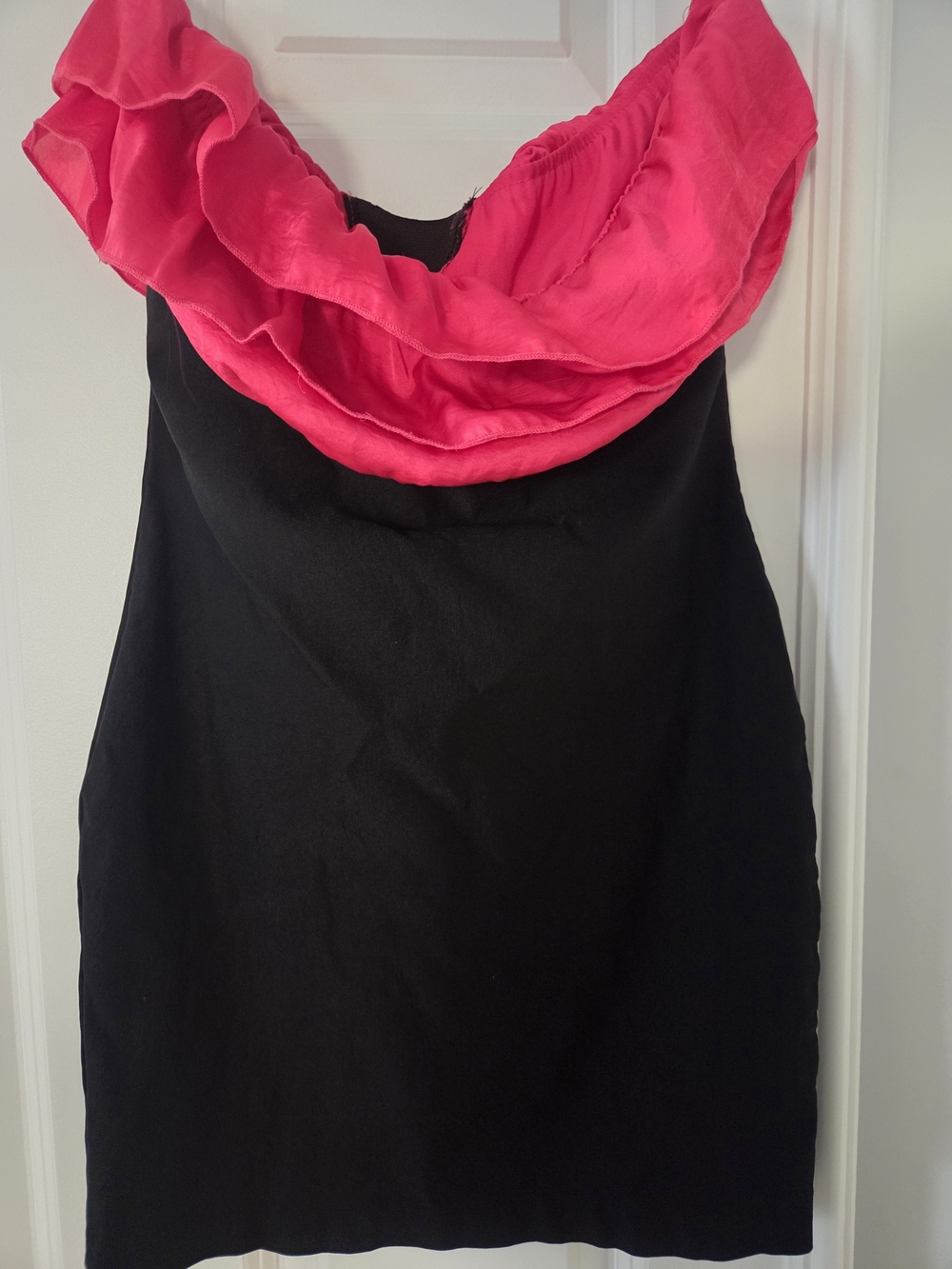 Strapless Mini Black Dress with Hot Pink Ruffle Neckline - Women's Elegant Shift